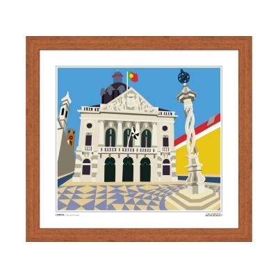 Quadro ilustrativo da Câmara Municipal de Lisboa com moldura castanha