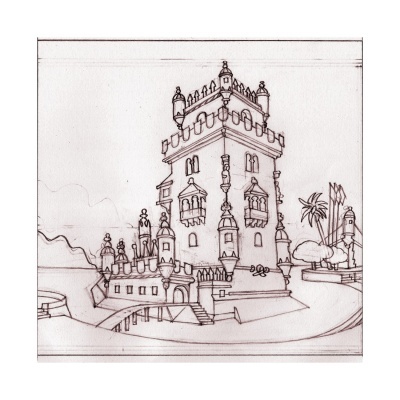 Desenho a lápis de uma torre arquitetónica tradicional com ponte e vegetação