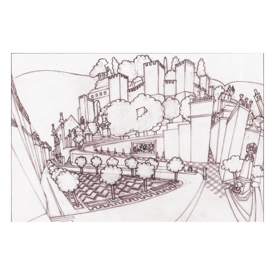 Desenho a lápis de um cenário urbano com árvores e edifícios em vários níveis em perspectiva