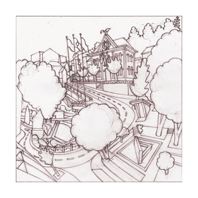 Ilustração a preto e branco de cidade com edifícios, árvores e estrada curva