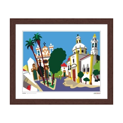 Gravura emoldurada com edifícios coloridos e árvores