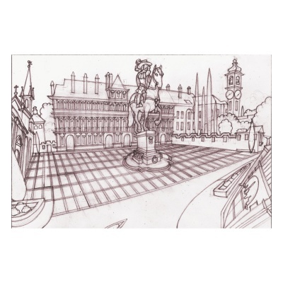 Desenho a lápis de uma praça com estátua de cavaleiro e edifícios históricos