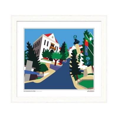 Pintura gráfica de rua com árvores e edifícios em cores vibrantes