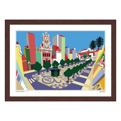 Quadro digital colorido de praça com edifícios, azulejos e árvores estilizadas