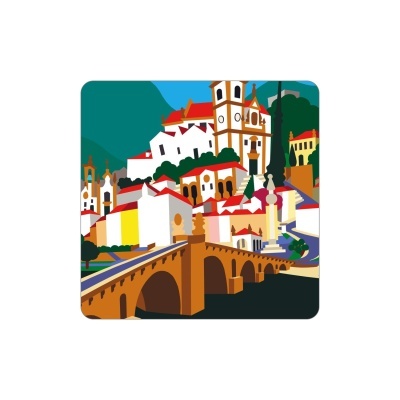 Ilustração digital colorida de paisagem urbana com ponte e edifícios