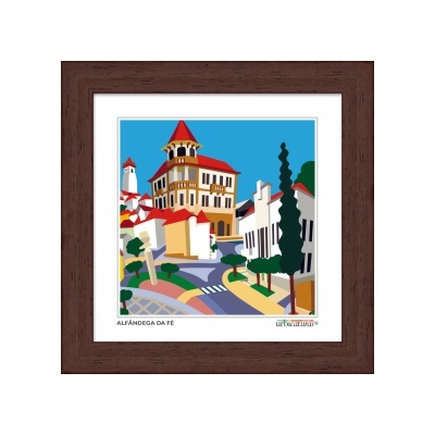 Quadro decorativo com ilustração de edifícios e árvores em moldura de madeira
