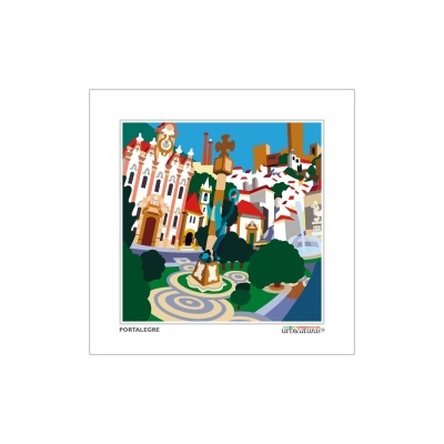 Ilustração colorida de cenário urbano com edifícios e árvores, texto PORTALEGRE e marca urbecutura.