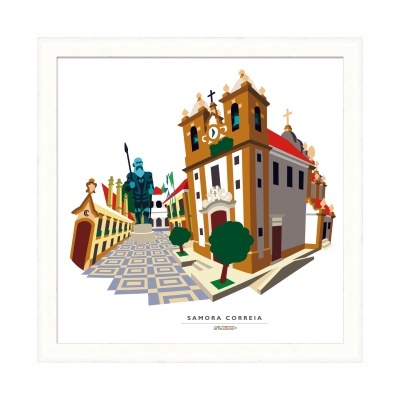 Ilustração gráfica colorida de construções históricas e estátua em Samora Correia