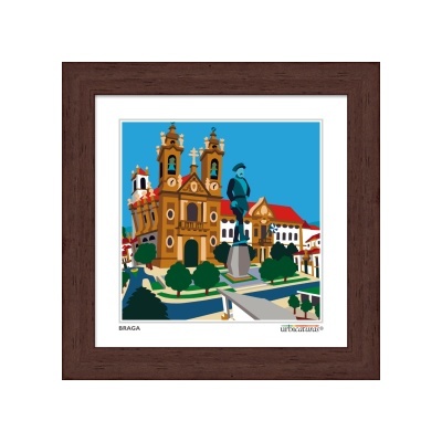 Gravura colorida emoldurada de Braga com edifícios históricos e estátuas