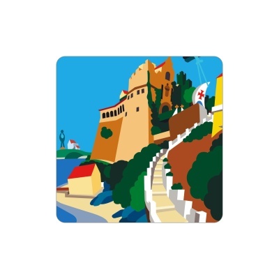 Ilustração de castelo amarelo, escadaria branca e casa amarela perto do mar