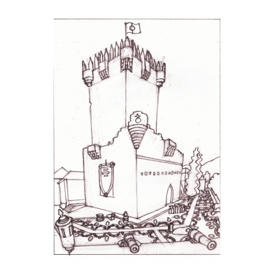 Desenho a tinta de uma torre de castelo com ameias e bandeira no topo e objetos espalhados à frente.