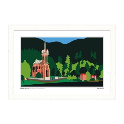 Ilustração digital de igreja vermelha com torre e cruz, árvores verdes e montanhas negras em moldura branca.