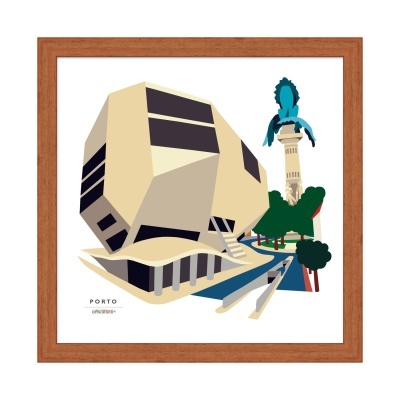 Ilustração minimalista de edifícios e monumento com moldura de madeira.