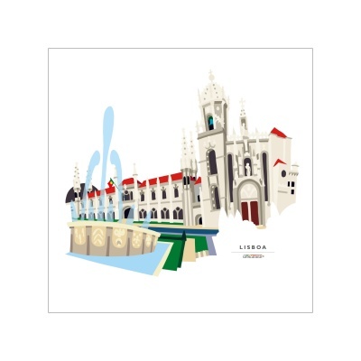 Desenho digital de edifício histórico e fontes em Lisboa com texto LISBOA