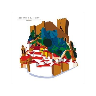Ilustração da vila Celorico da Beira com casas, vegetação e castelo