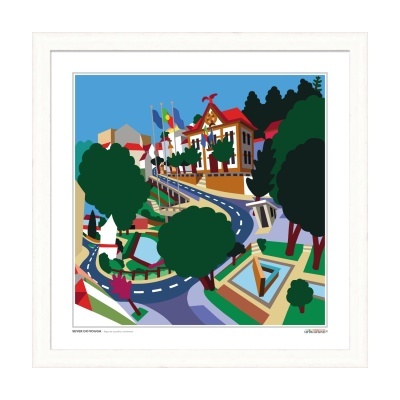 Ilustração colorida de paisagem urbana em moldura branca