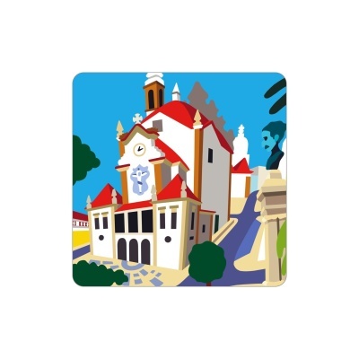 Ilustração de edifício histórico com telhados vermelhos e relógio