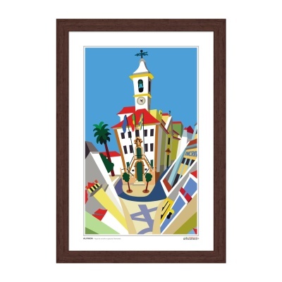 Ilustração colorida de edifício histórico com torre e relógio em moldura castanha