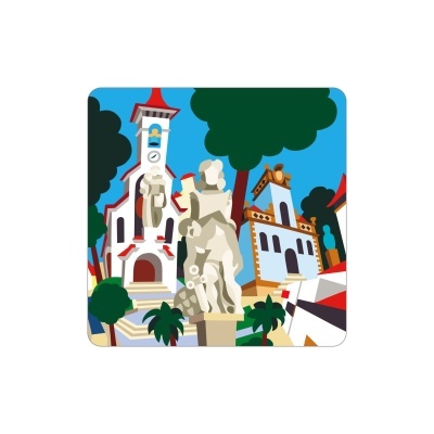 Ilustração de uma estátua branca de um casal com edifícios e árvores ao fundo