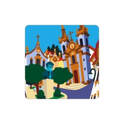 Ilustração de praça com estátua, árvores e prédios históricos