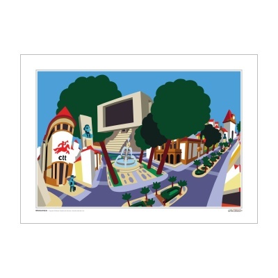 Ilustração digital colorida de praça urbana com árvores, fonte, ecrã e edifícios com logótipo CTT