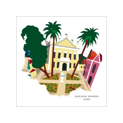 Ilustração colorida de edifício amarelo com árvores e palmeiras, texto MARINHA GRANDE