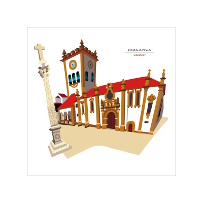 Ilustração estilizada de edifício histórico com torre e coluna com cruz, texto Bragança.