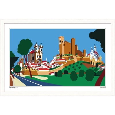 Pintura digital colorida de paisagem urbana com castelo e igrejas emoldurada