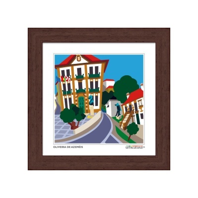 Quadro moldura castanha com imagem de rua urbana colorida e texto OLIVEIRA DE AZEVEMIS