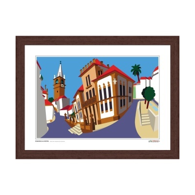 Ilustração colorida de rua com edifícios, torre e árvores em moldura castanha