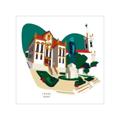 Ilustração de edifícios históricos em Lousã com estátua, jardim e torre de relógio