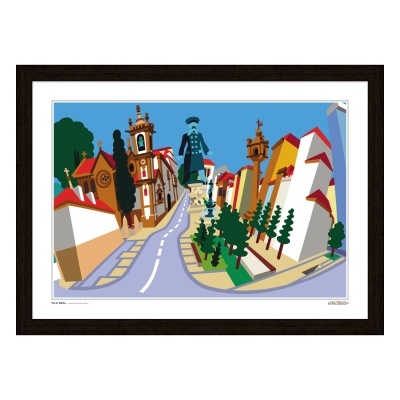 Ilustração digital de rua colorida com estátua no centro e edifícios com telhados vermelhos e amarelos