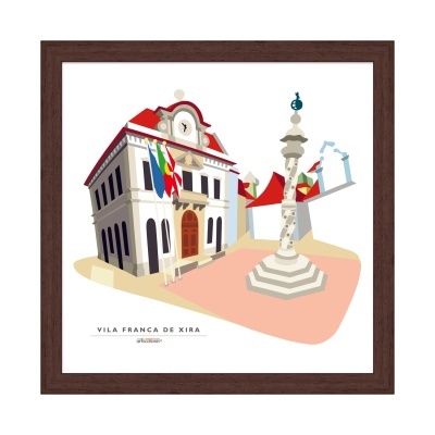 Ilustração digital de edifício com bandeiras e estrutura de pedra em Vila Franca de Xira.