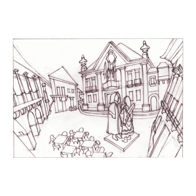 Desenho a lápis de praça com estátua e edifícios históricos