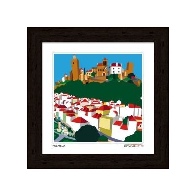 Quadro decorativo da vila de Palmela com castelo e casas coloridas em moldura de madeira escura