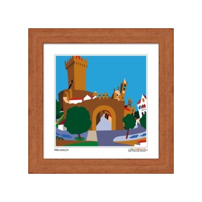 Quadro em madeira com ilustração colorida do castelo e ponte de Melgaço.