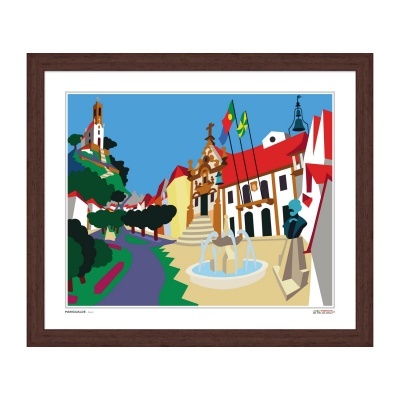 Ilustração colorida de rua histórica com fonte e bandeiras coreanas, emoldurada em madeira