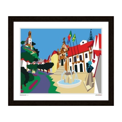 Ilustração colorida de arquitetura com fonte e bandeiras, moldura preta