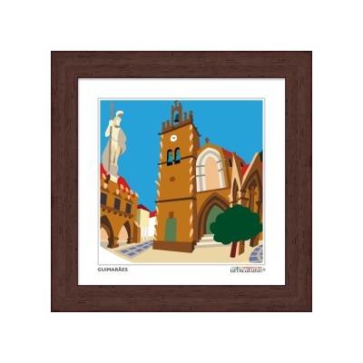Ilustração estilizada da Torre da Porta Nova em Guimarães com moldura de madeira escura
