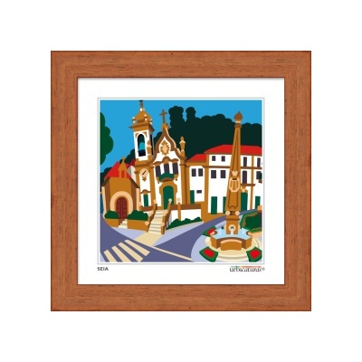 Gravura colorida de praça com edifícios e obelisco em moldura de madeira