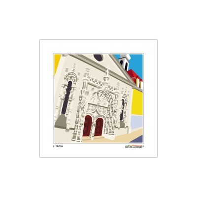 Desenho estilizado de fachada arquitetónica com portas vermelhas e colunas negras