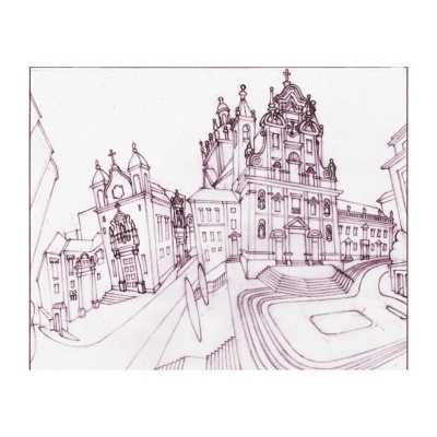 Desenho a tinta de edifícios históricos e uma praça