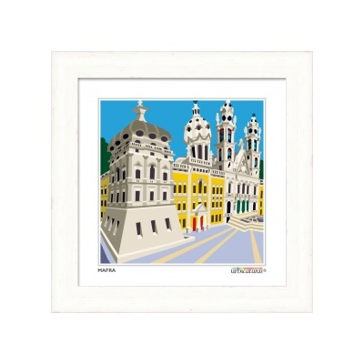 Quadro ilustrativo de edifícios históricos com cúpulas e janelas, moldura branca.