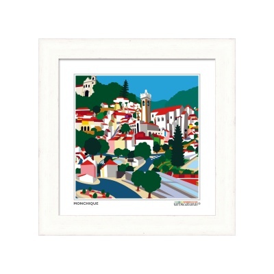 Quadro com gravura colorida de paisagem urbana de Monchique