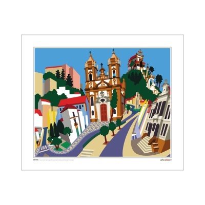 Ilustração colorida de cidade com igreja e casas em tons pastel