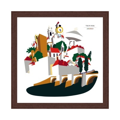 Ilustração estilizada de edifícios coloridos com relógio e árvores em quadro decorativo