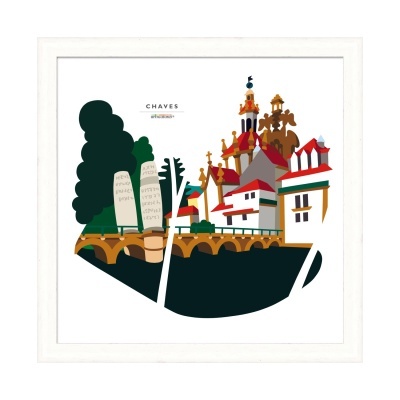 Ilustração de Chaves com ponte, monumento, edifícios com telhados vermelhos e árvores, moldura branca.