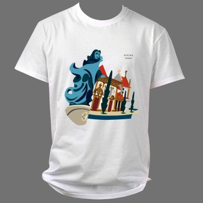 T-shirt branca com estampa de monumentos e texto Aveiro Portugal
