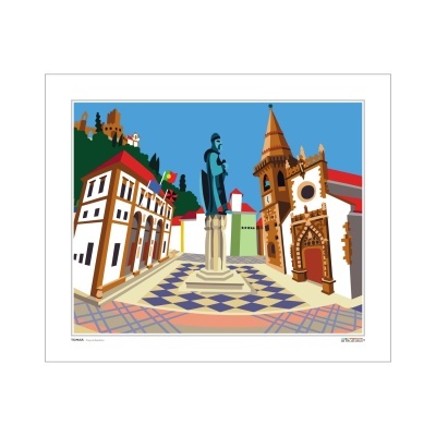 Ilustração digital de uma praça com estátua central, edifícios coloridos e castelo no fundo