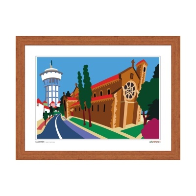 Gravura colorida emoldurada com edifício histórico e torre de água